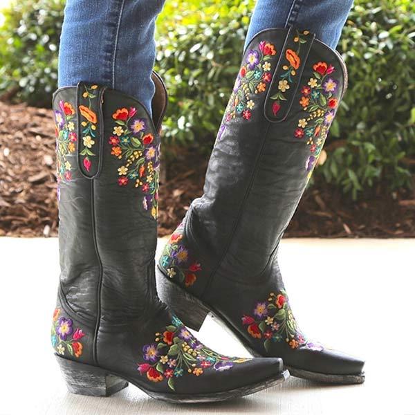 Women's Embroidered Mid-Heel Low-Calf Slip-on Boots 76962456C