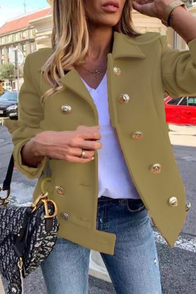 Casual Solid Patchwork Buckle Turndown Collar Outerwear(4 Colors)