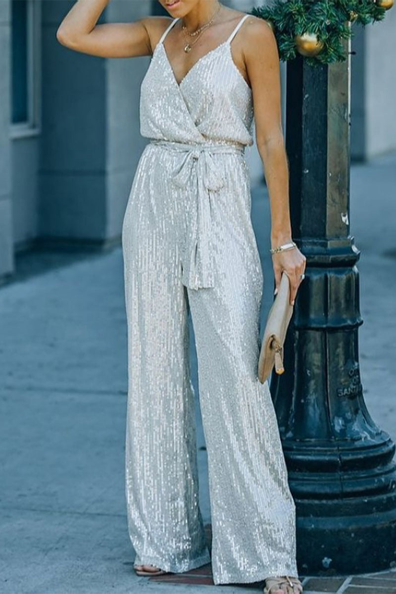 Street Elegant Solid Embroidered Sequins V Neck Regular Jumpsuits