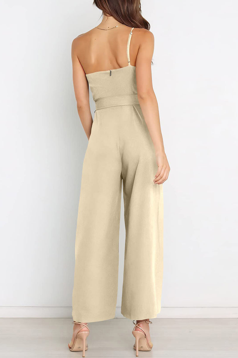 Casual Simplicity Solid Bandage Oblique Collar Straight Jumpsuits