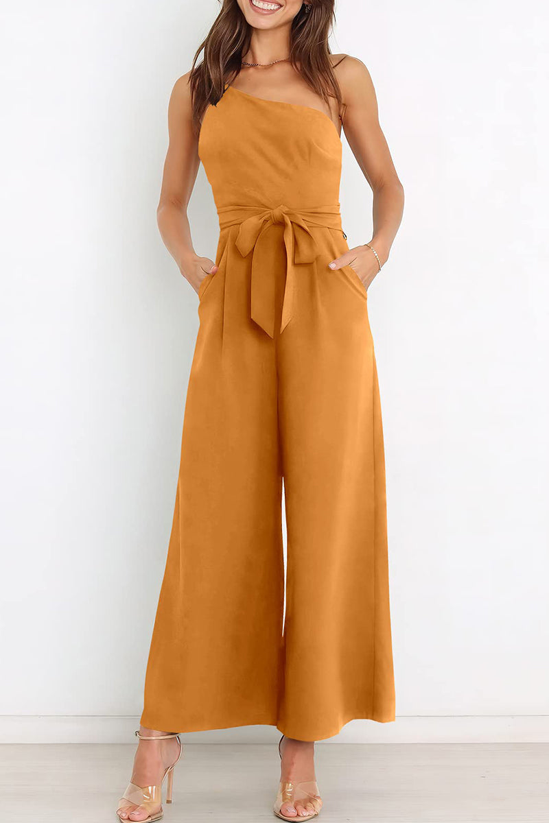 Casual Simplicity Solid Bandage Oblique Collar Straight Jumpsuits