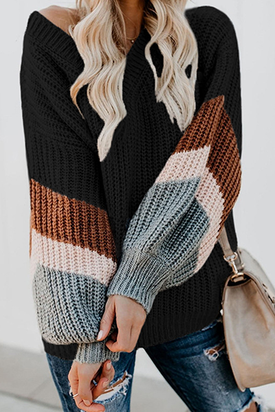 Casual Striped Patchwork Contrast V Neck Tops Sweater(5 colors)