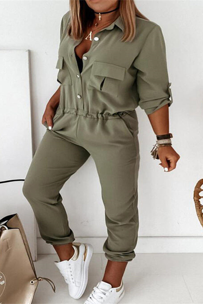 Casual Solid Frenulum Turndown Collar Regular Jumpsuits