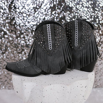 Women's Fashion Tassel Rhinestone Chunky Heel Booties 85018245S