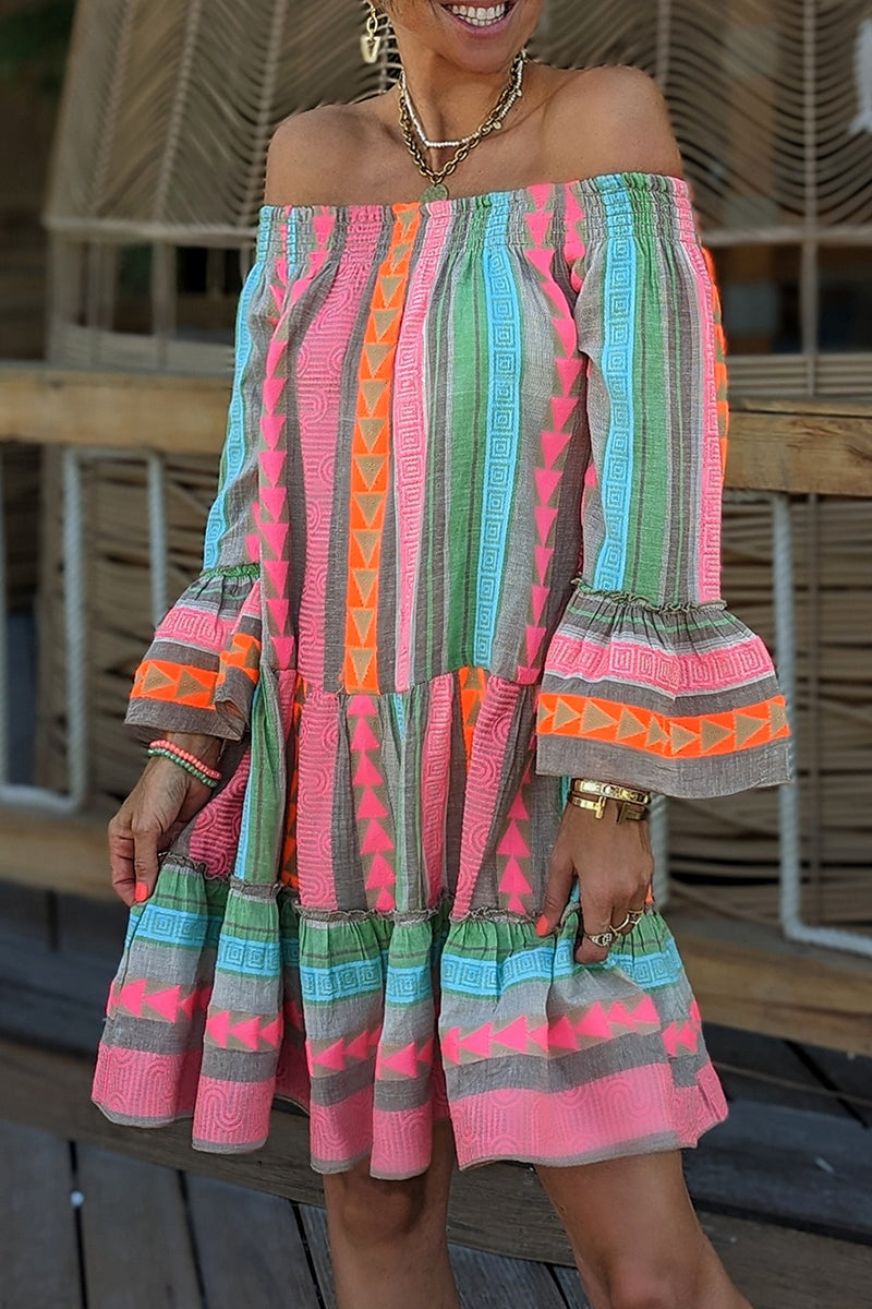 Casual Vacation Color Block Contrast Off the Shoulder Dresses