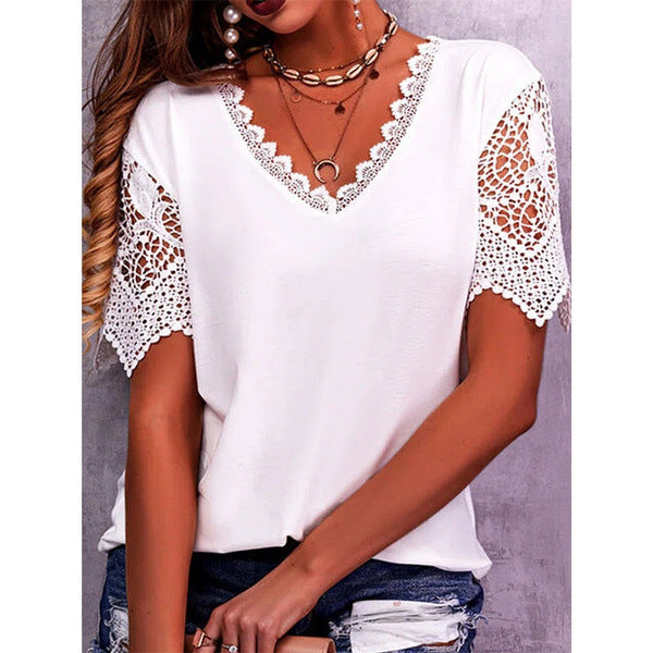 Lace Stitching Loose V-neck Short Sleeve T-shirt