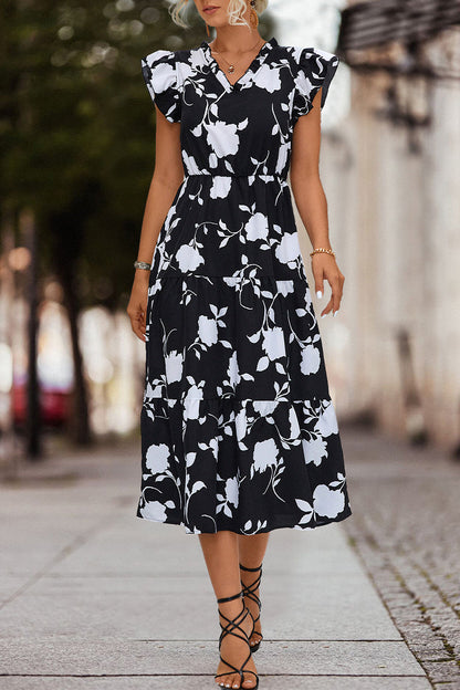 Sweet Elegant Print Patchwork V Neck A Line Dresses