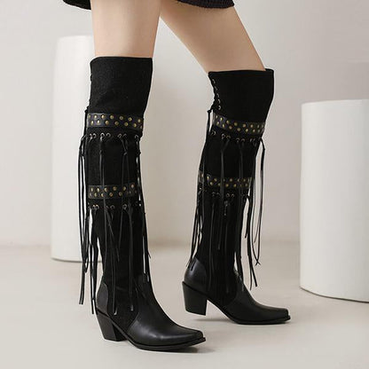 Women's Fashion Stud Tassel Chunky Heel Over-the-Knee Boots 25590507S