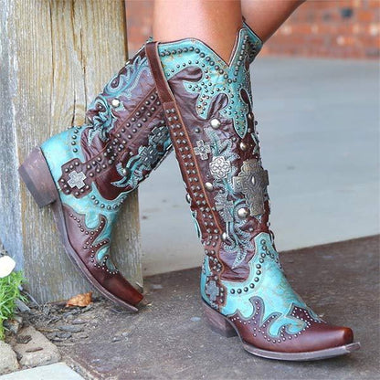 Women's Low Heel Stud High-Calf Western Cowboy Boots 87258531C