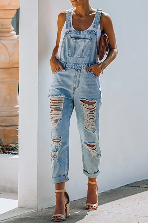 Street Solid Tassel Ripped Jumpsuits