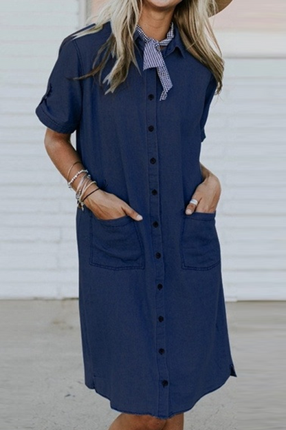 Casual Pocket Buckle Turndown Collar Dresses