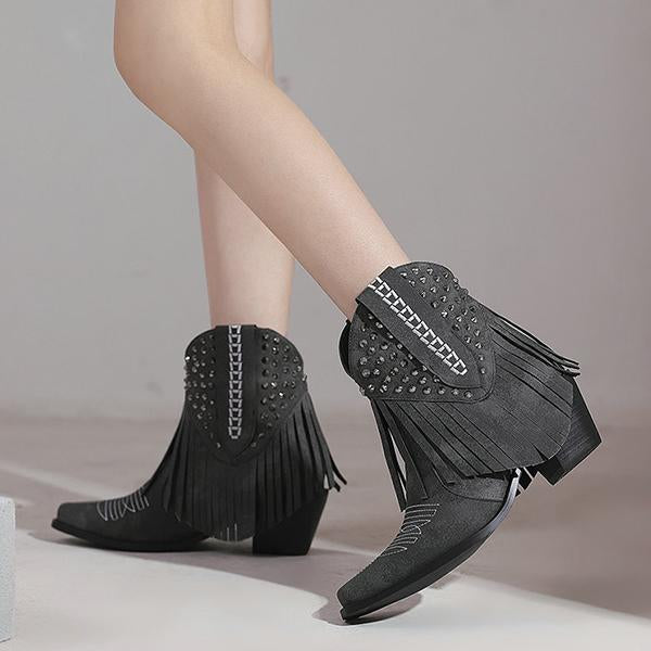 Women's Fashion Tassel Rhinestone Chunky Heel Booties 85018245S