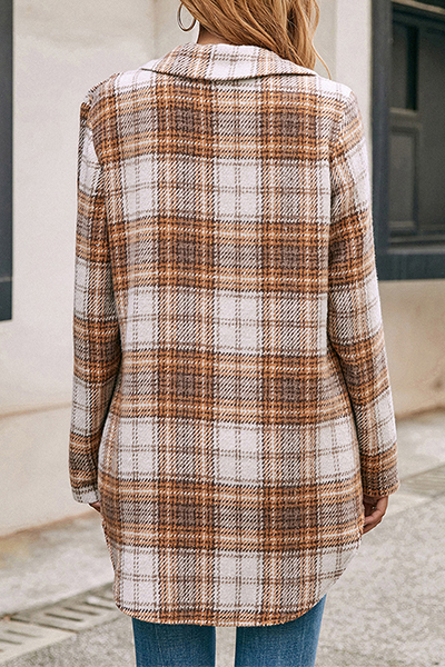 Casual Plaid Patchwork Buckle Turndown Collar Outerwear