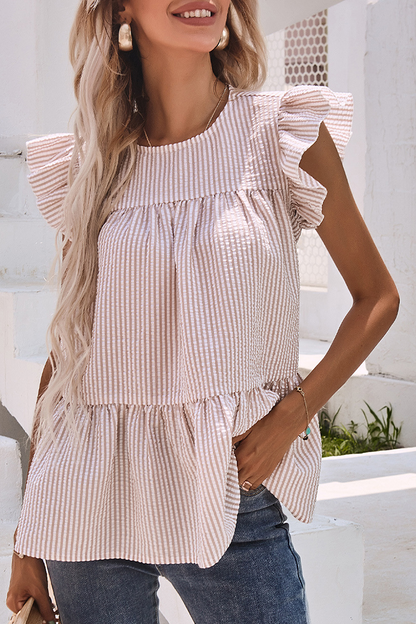 Casual Print Flounce O Neck T-Shirts(3 colors)