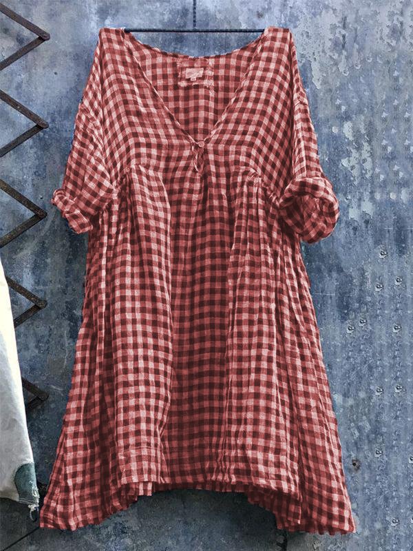 Casual V Neck 3/4 Sleeve Plus Size Lattice Bat Sleeve Dress