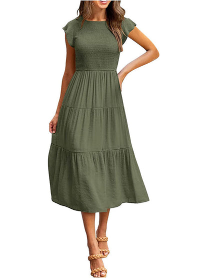 Women's Smocked Ruffle Butterfly Sleeve A-Line Midi Dress