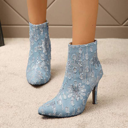 Women's Light Blue Denim Sequined Pointed Toe Stiletto Boots 93353553C