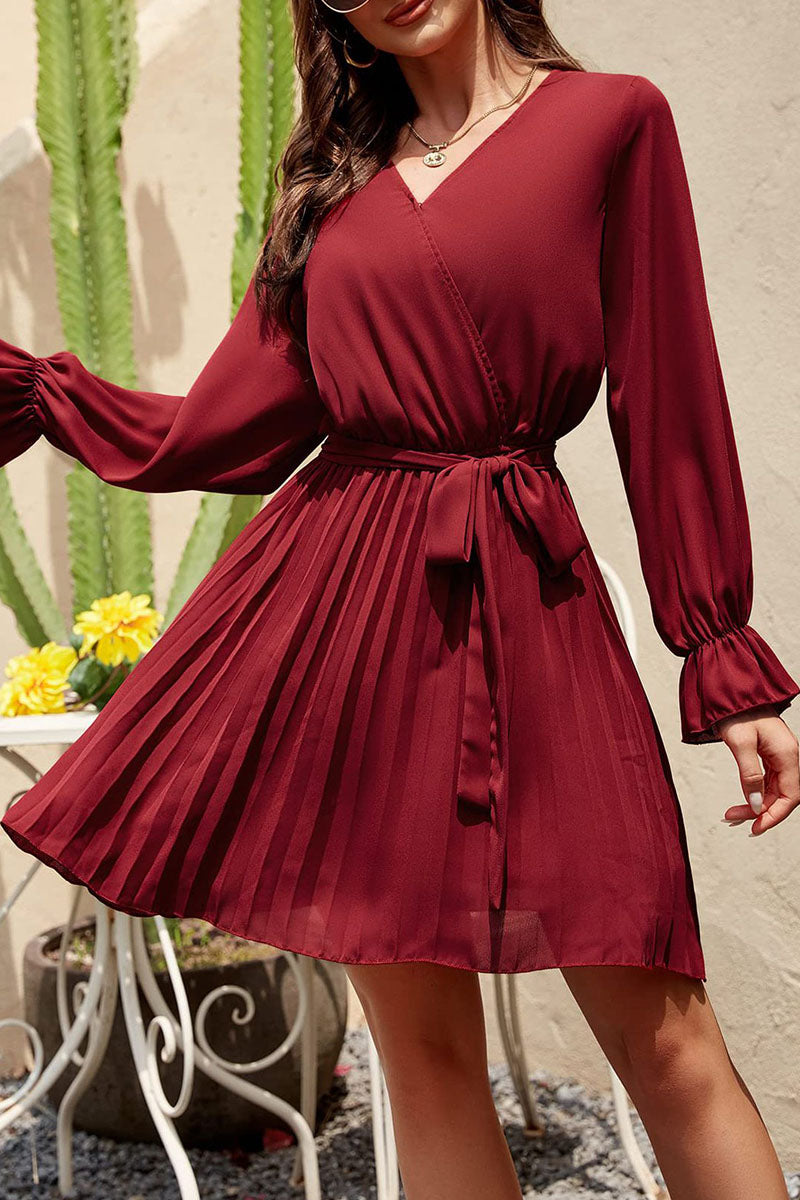 Sweet Patchwork Frenulum Fold V Neck Pleated Dresses(5 Colors)