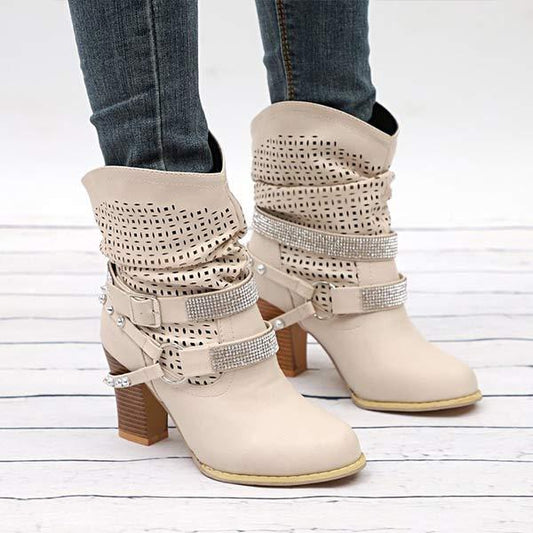 Women's Mid-Heel Cutout Buckle Ankle Martin Boots 62205223C