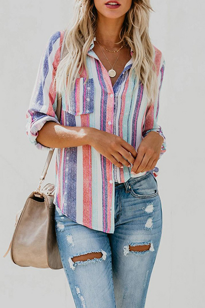 Casual Striped Patchwork Turndown Collar Tops(8 colors)