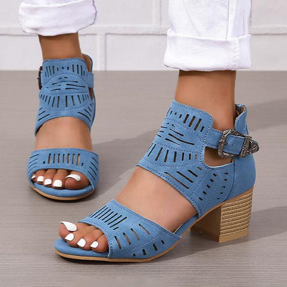 Women's Fashion Hollow Zipper Chunky Heel Sandals 89606513C