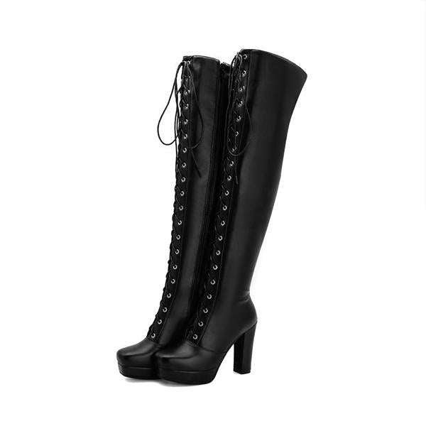 Women's Lace-Up Chunky Heel Over-the-Knee High Boots 12745628S