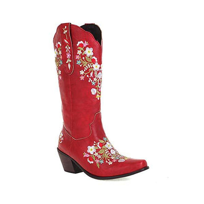 Women's Embroidered Floral Cowboy Boots with Chunky Heel and Pull-on High Shaft 86699639C