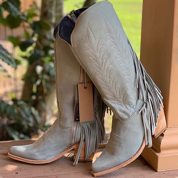 Women's Chunky Heel Side Zipper Tassel Cowboy Boots 85245484C