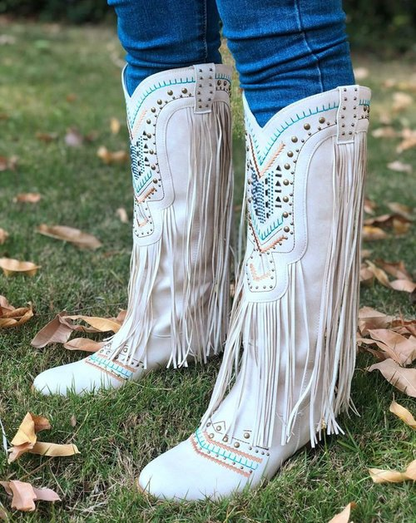 Rhinestone Tassel Square Toe Rider Boots