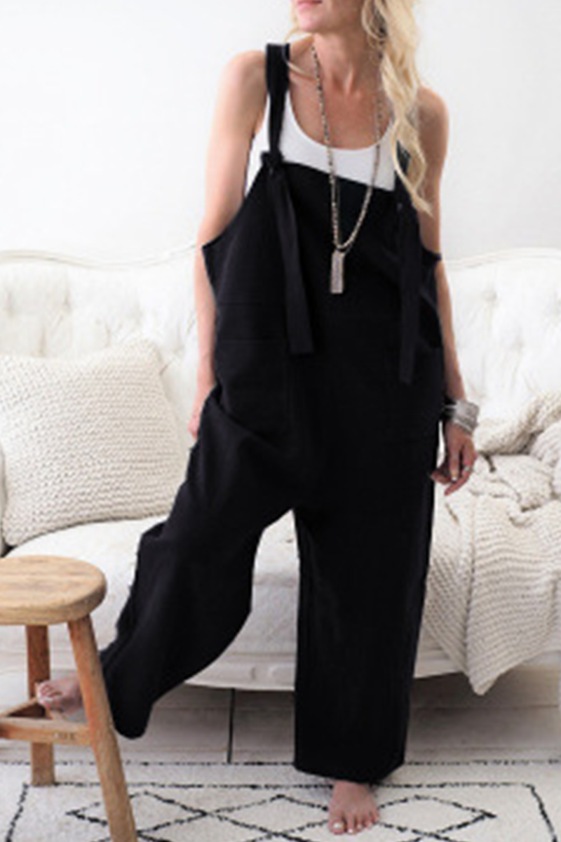 Casual Solid Split Joint Spaghetti Strap Loose Jumpsuits