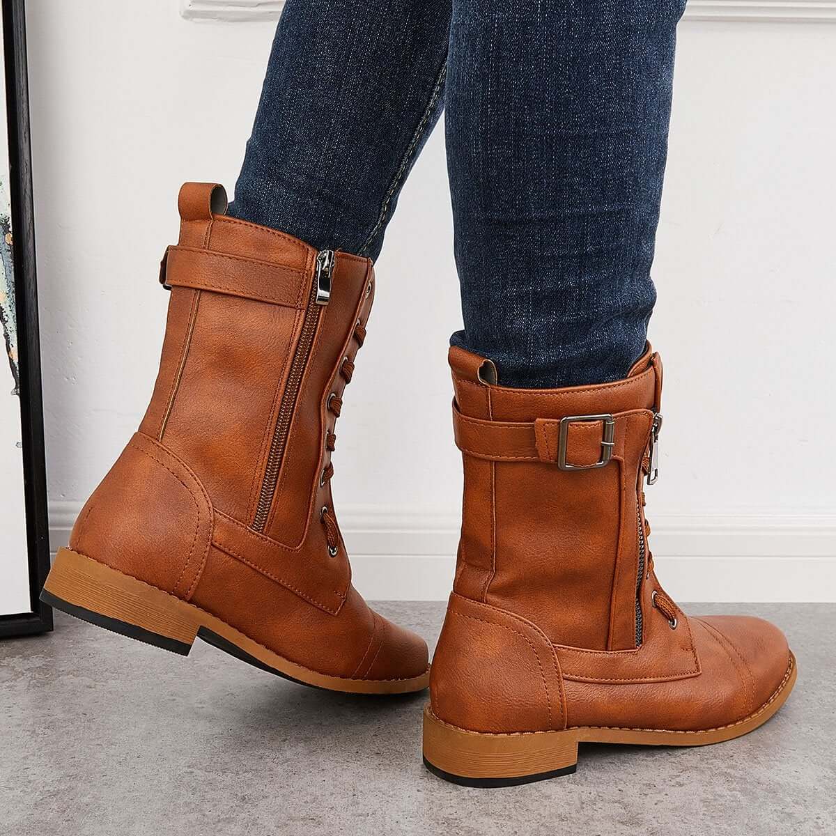 Mid Calf Western Boots Block Low Heel Riding Boots