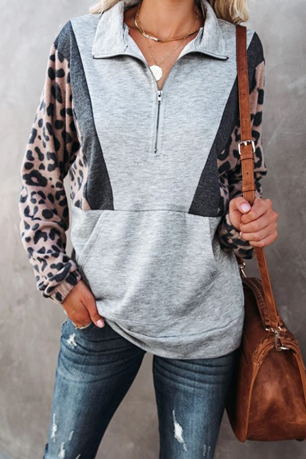 Casual Leopard Split Joint Pocket Zipper Collar Tops(4 colors)