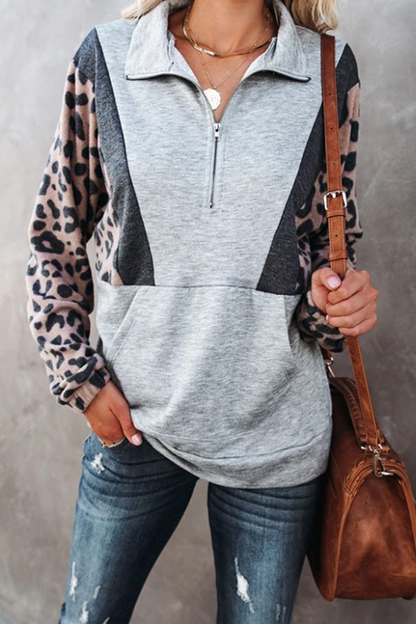 Casual Leopard Split Joint Pocket Zipper Collar Tops(4 colors)