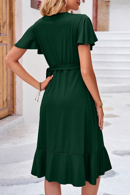 Elegant Simplicity Solid Frenulum Asymmetrical V Neck Irregular Dress Dresses