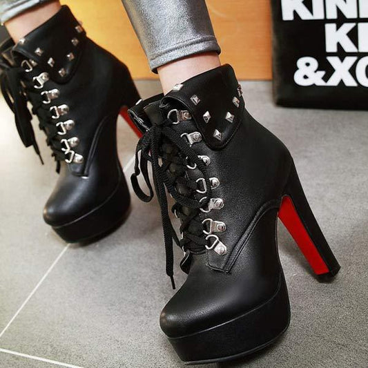 Women's Chunky Heel Thick Sole Super High Heel Lace-Up Ankle Boots 69094700C