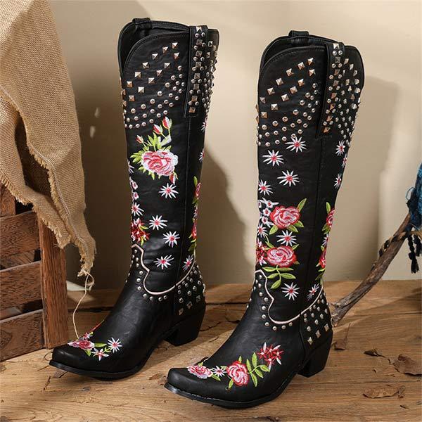 Women's Embroidered Studded High-Calf Mid-Heel Cowboy Boots 61919210C