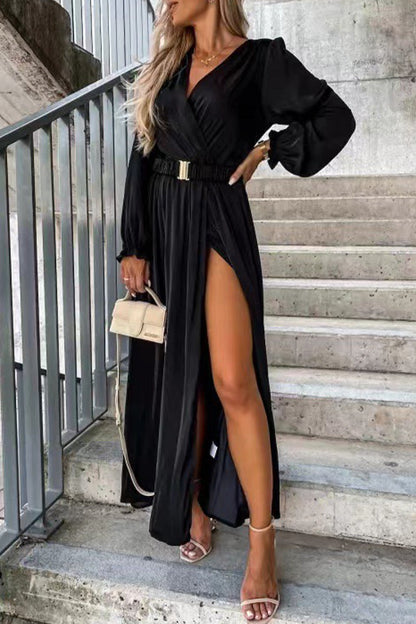 Elegant Frenulum With Belt V Neck Long Sleeve Dresses(3 Colors)