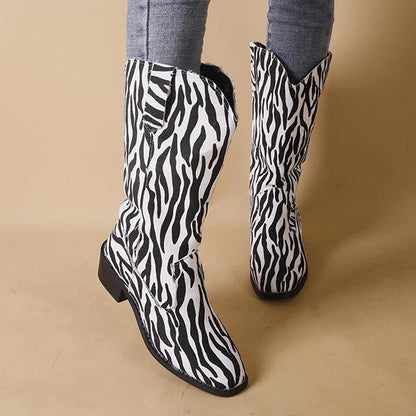 Women's Fashion Zebra Pattern Chunky Heel Mid-Calf Boots 69176573S