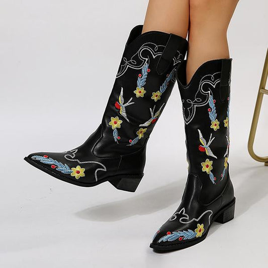 Women's Fashion Embroidered Chunky Heel Mid-calf Boots 08010244S