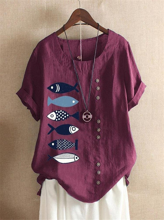 V-Neck Printed Loose Short Sleeve T-Shirt