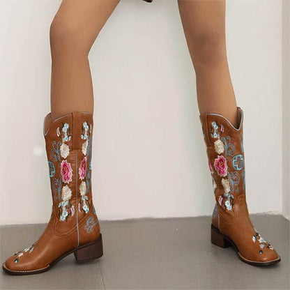 Women's Embroidered Square Heel High-Calf Riding Boots 61436306C