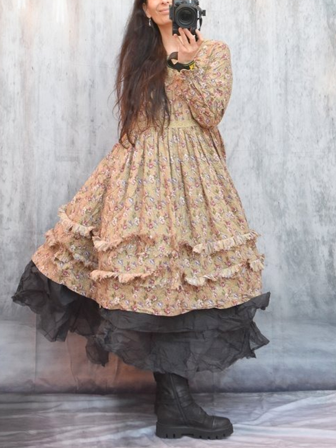 Round Neck Soft Floral Long Sleeve Linen Dress