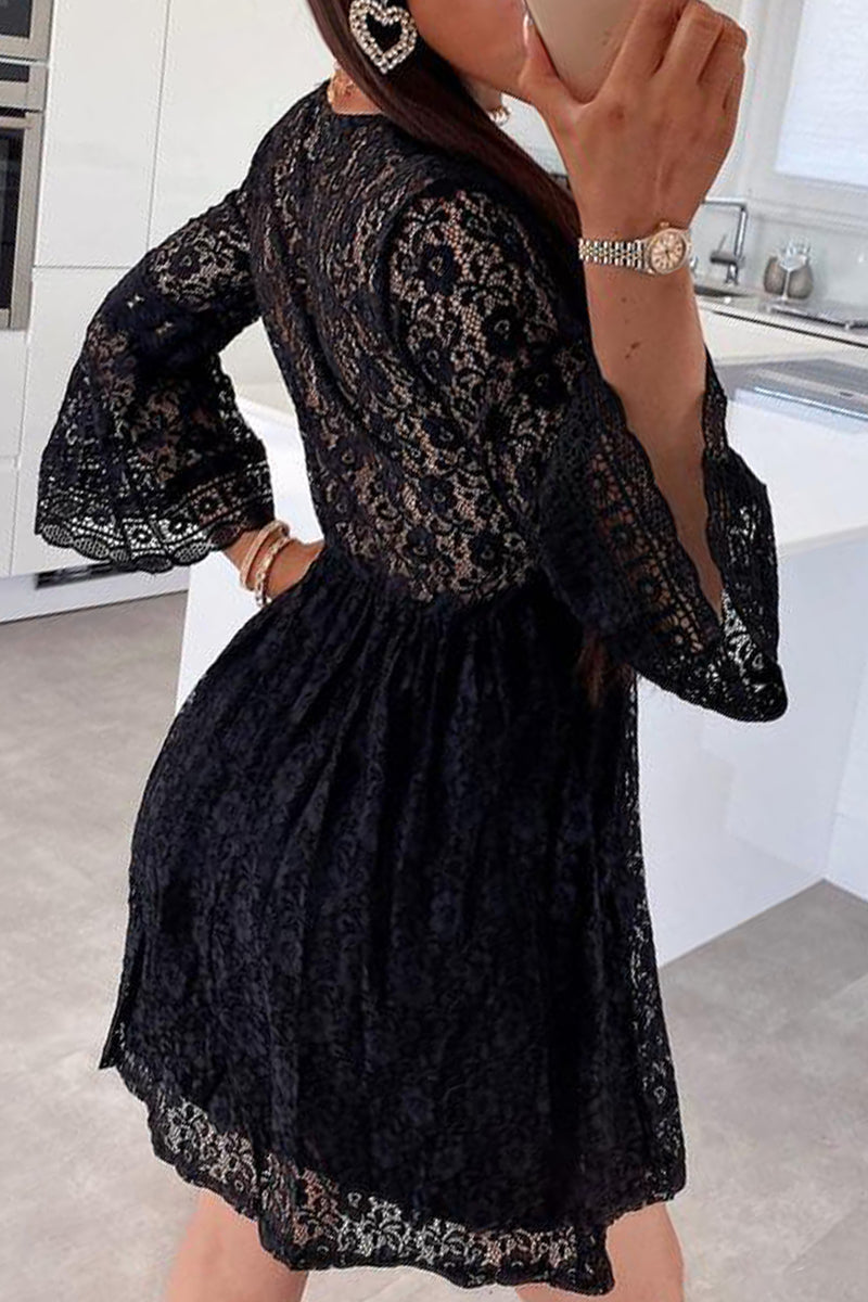 Sweet Elegant Solid Lace Hollowed Out V Neck A Line Dresses