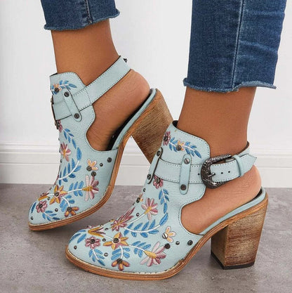 Women'S Chunky Heel Embroidered Buckle Booties 49878522C