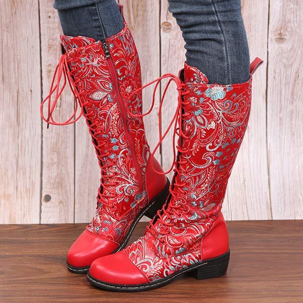 Women'S Ethnic Print Lace Up Side Zip Boots 96837984