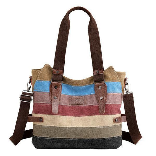 Canvas Stripe Handbag Vintage Contrast Color Shoulder Bag