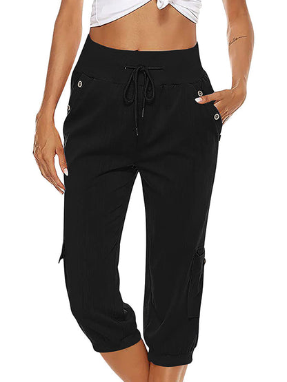 Women's Drawstring Cargo Pants Elastic Waist Casual Capri