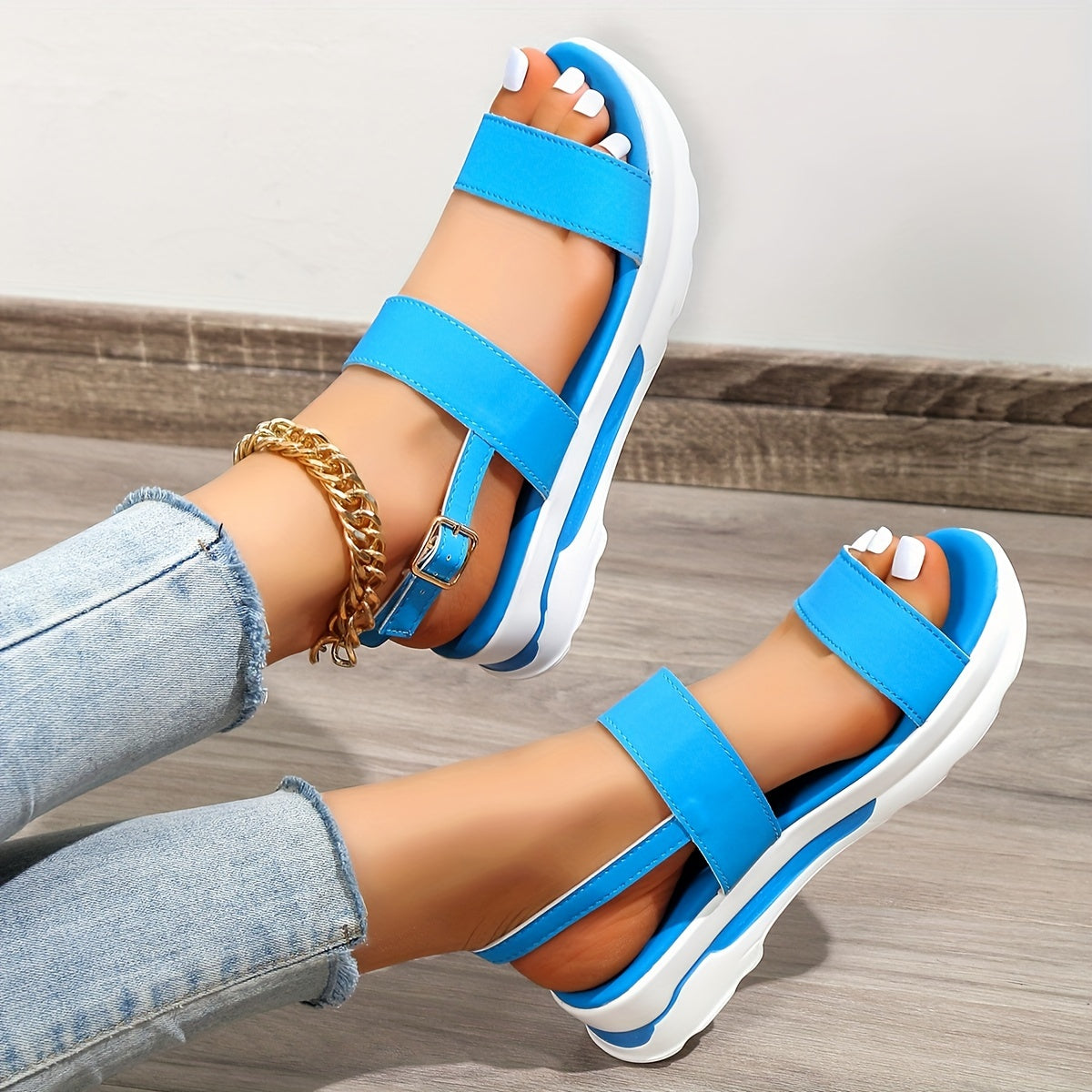 Non Slip Casual Outdoor Sandals for Women - Ankle Buckle Strap and Platform Design