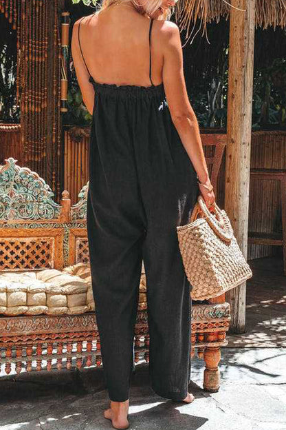 Casual Solid Flounce Strapless Loose Jumpsuits