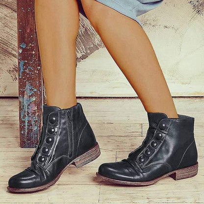 Women'S Low Heel Cropped Side Zipper Button Motorcycle Boots 49933806C